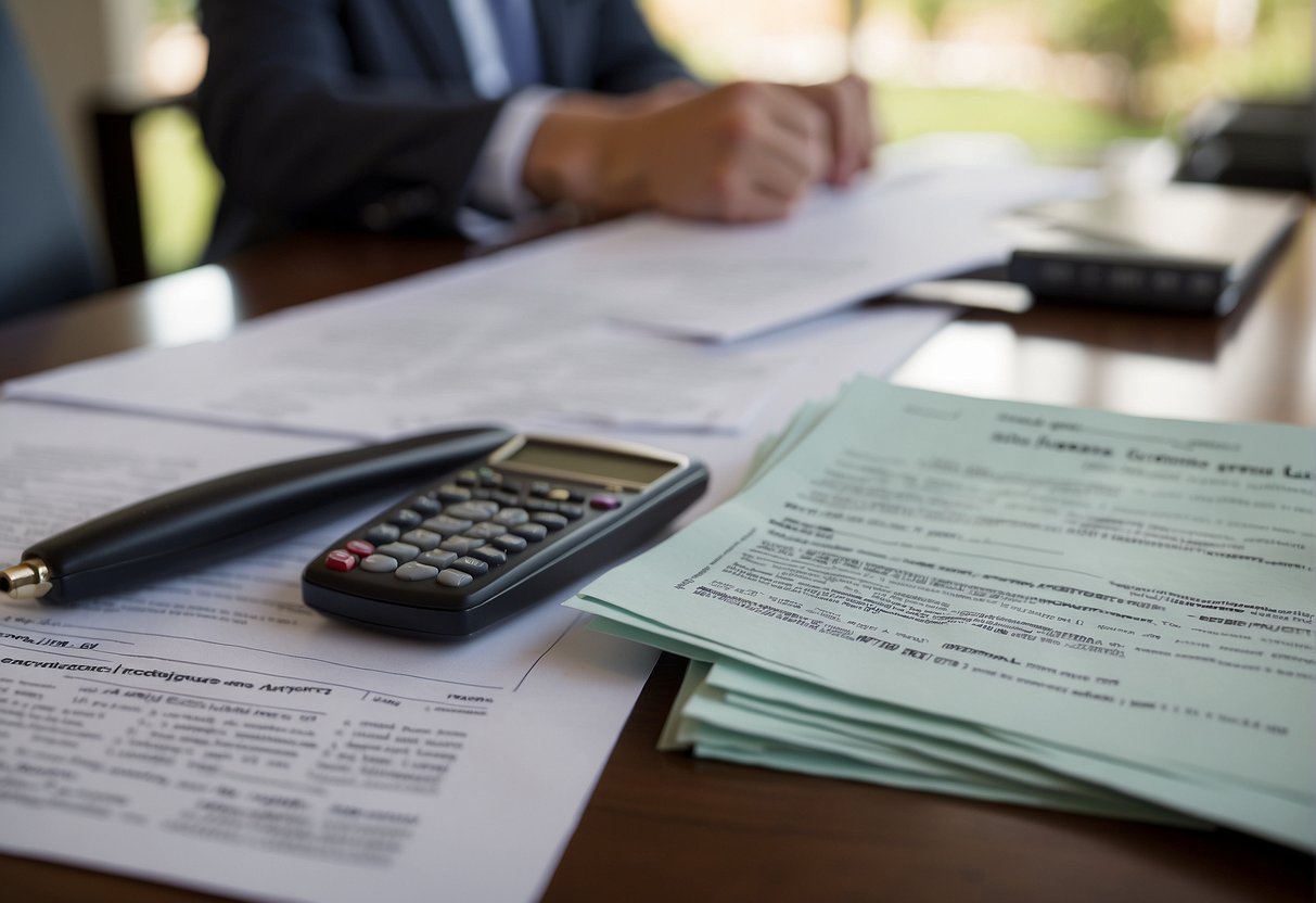 A stack of foreclosure documents sits on a desk, while a real estate agent reviews financing options and offers. A "REO" sign is visible in the background
