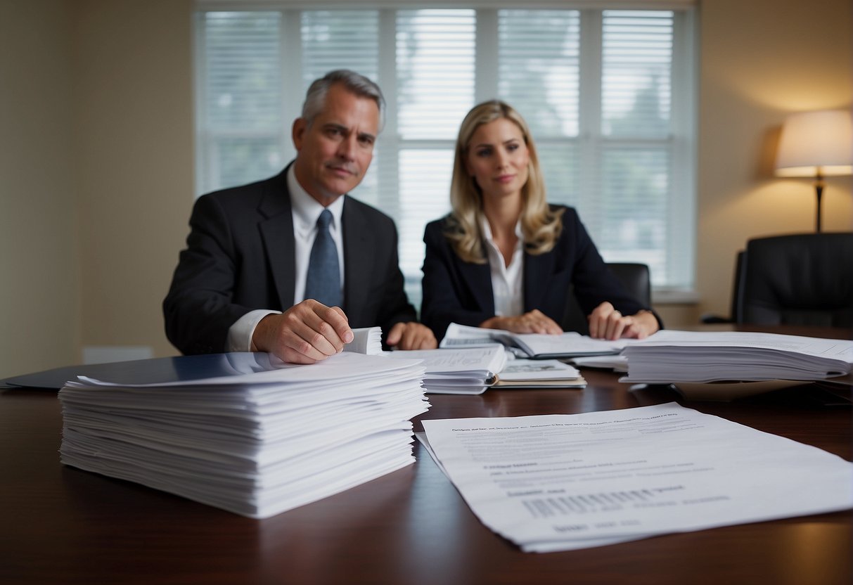 A lawyer and accountant discuss real estate taxes. Documents and calculators cover the table. A sign reads "RCN Guide" on the wall