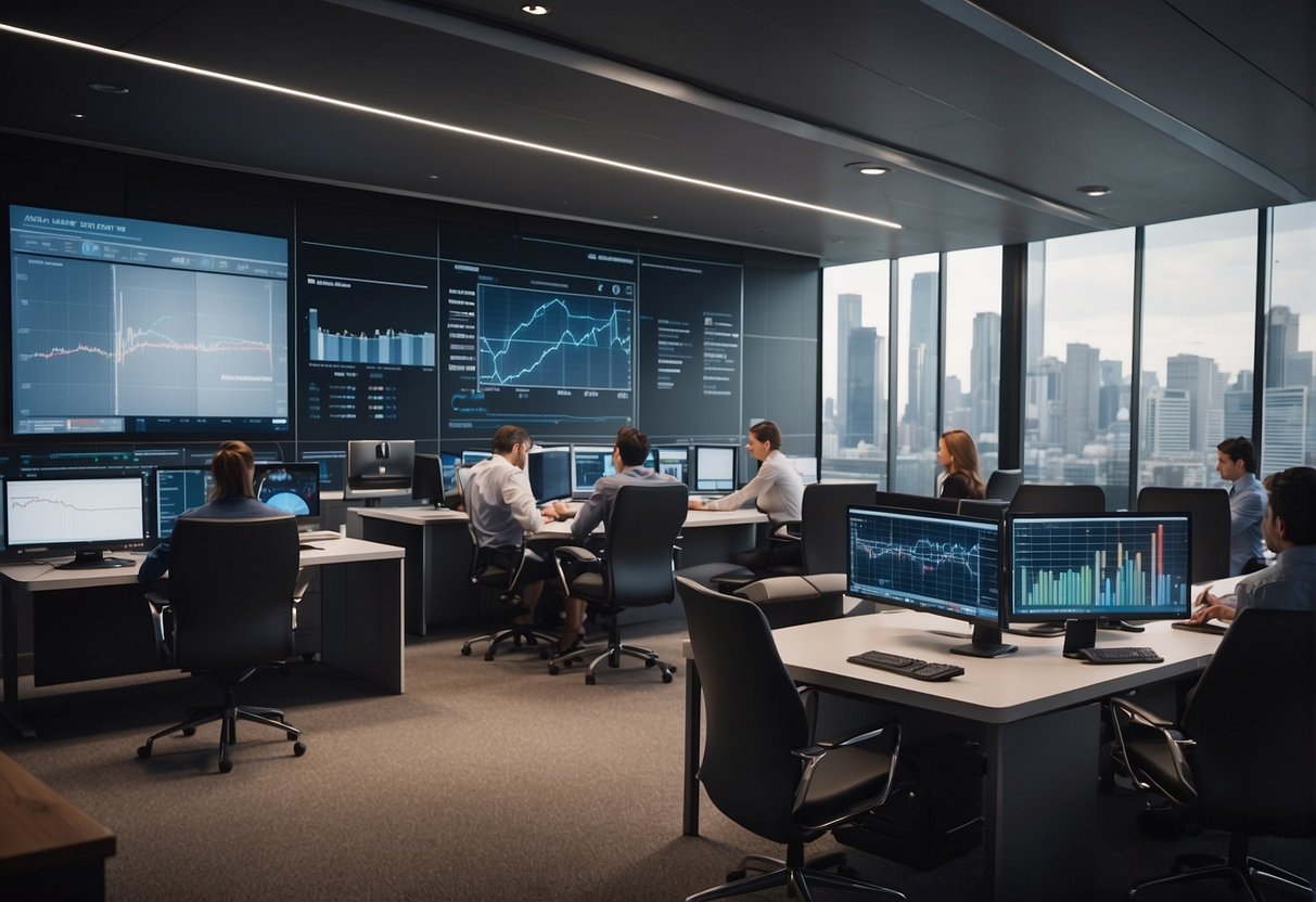 A bustling real estate office with agents and clients discussing property transactions. RBA charts and graphs are displayed on the walls, while computer screens show real-time market data