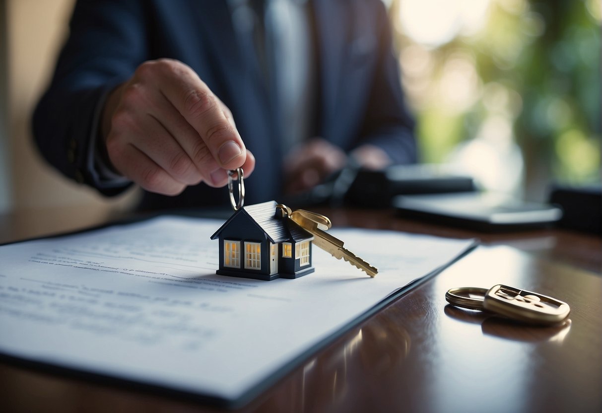 A contract is signed by both parties. A house key is exchanged. Title is transferred. Closing documents are signed