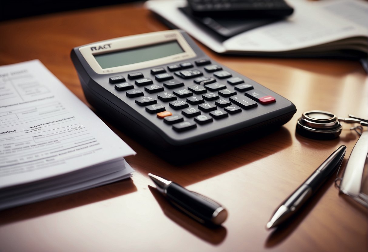 A stack of legal documents and financial reports with "RACT" highlighted on a desk, surrounded by a calculator, pen, and computer
