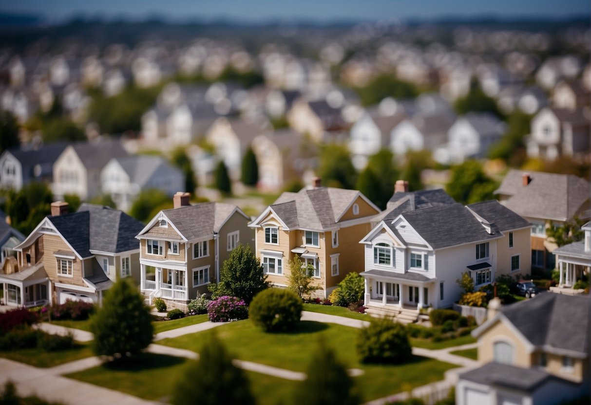 A variety of real estate types are featured in the scene, including residential, commercial, and industrial properties. The acronym "RACT" is prominently displayed, representing a comprehensive guide to real estate terminology