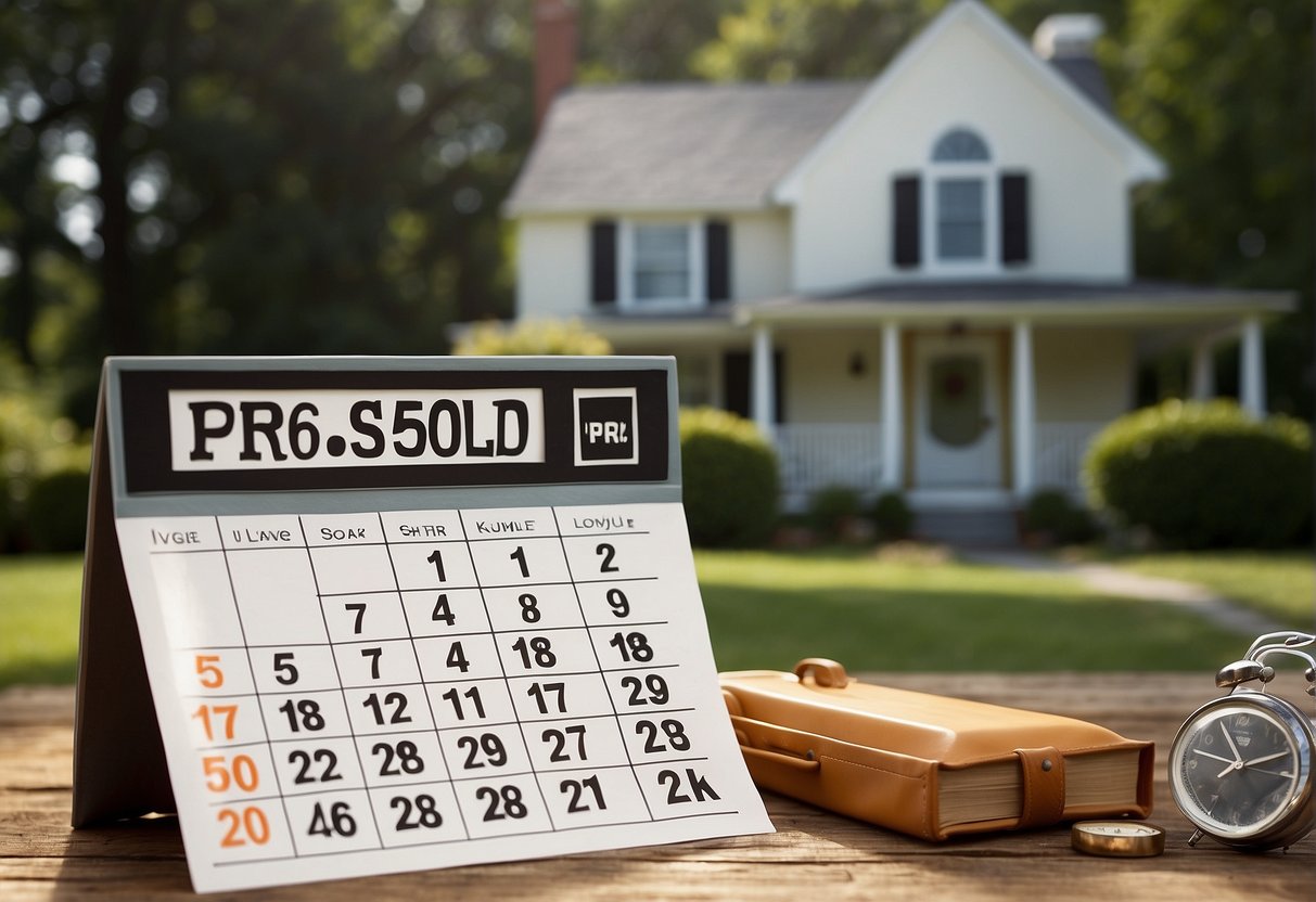 A house split in half, one side with a sold sign and the other side with a for sale sign. A calendar with dates and a calculator showing prorated amounts