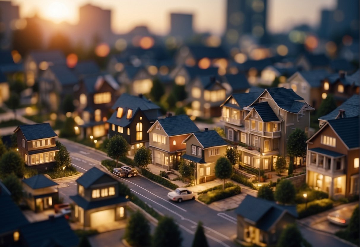 A bustling real estate market with limited supply, high demand, and rising prices. Buyers and sellers navigating competitive bidding wars and scarcity-driven fluctuations