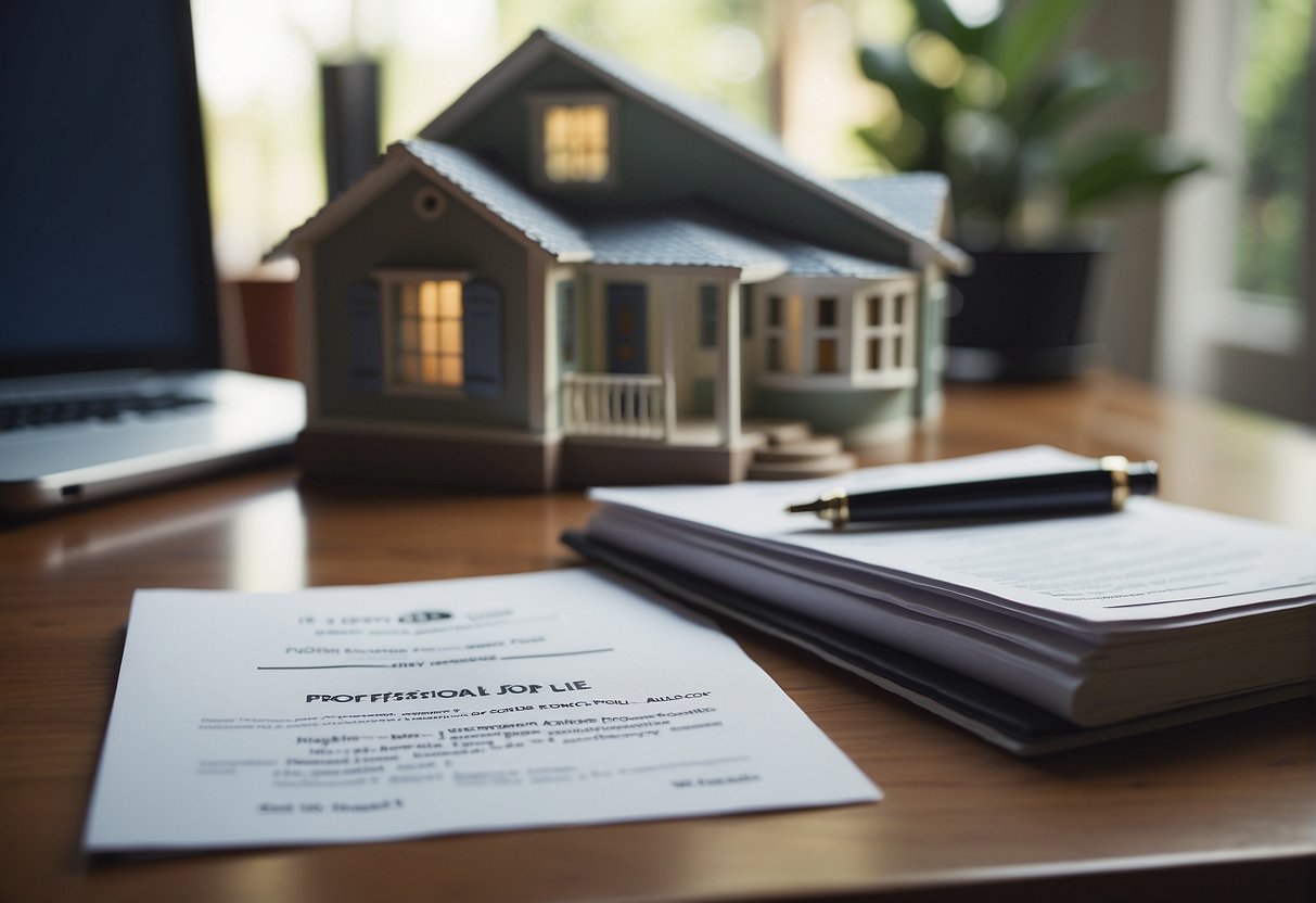 A house with a "For Sale" sign, a real estate agent's office, and a stack of property documents