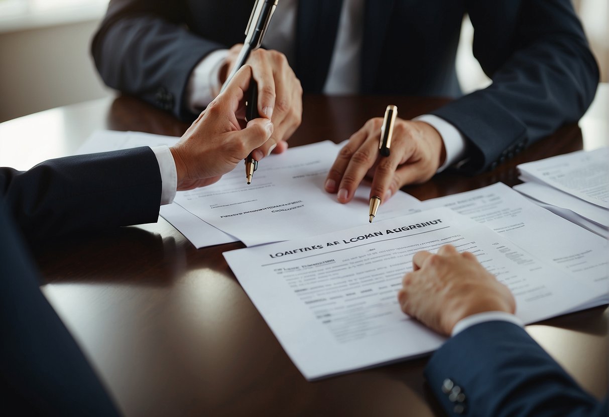 A person signing a loan agreement with a real estate agent explaining RR terms