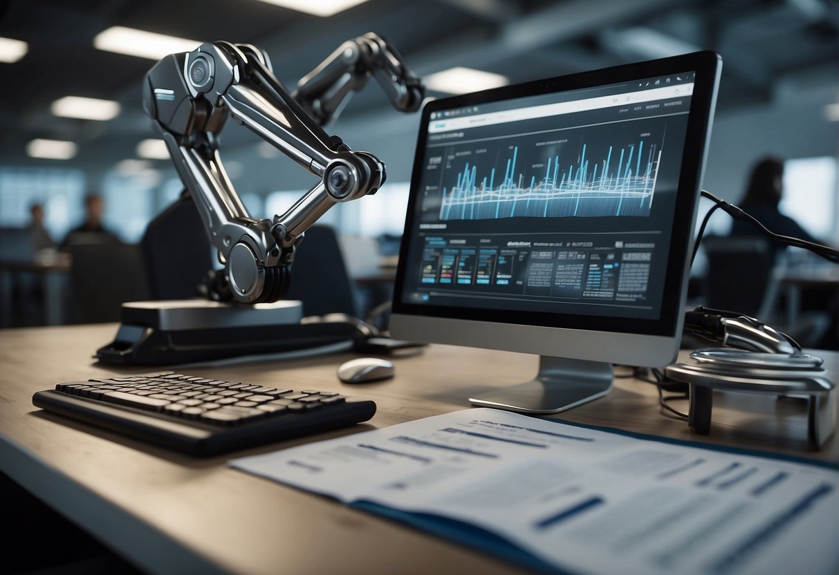 An office setting with a computer running RPA software, interacting with real estate data and documents. A robotic arm or hand could be shown performing tasks such as data entry or document processing