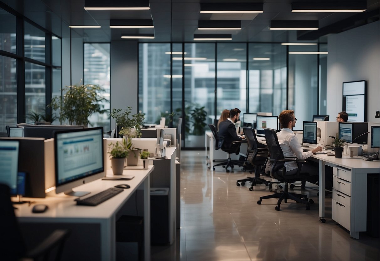 A bustling real estate office with automated processes in action, from data entry to property management, showcasing the efficiency and benefits of RPA
