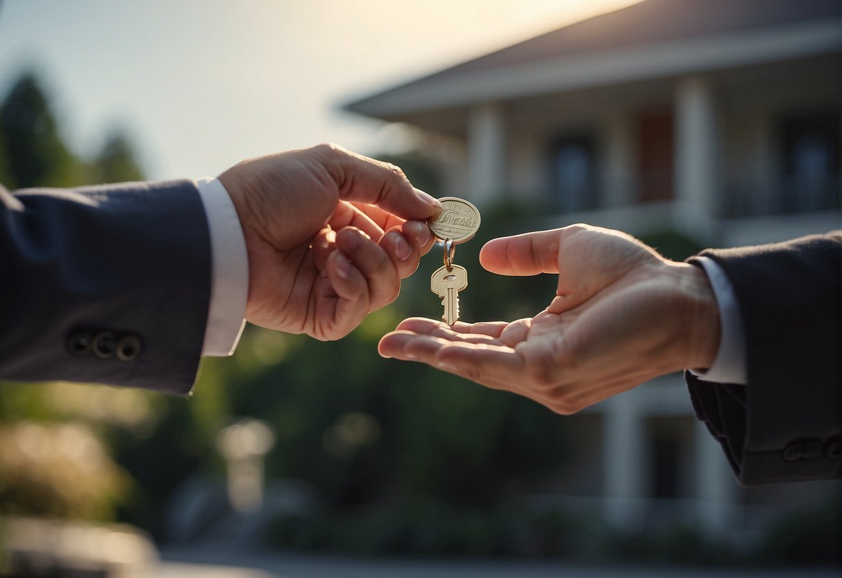 A key being handed over by one person to another, symbolizing the transfer of property ownership in real estate