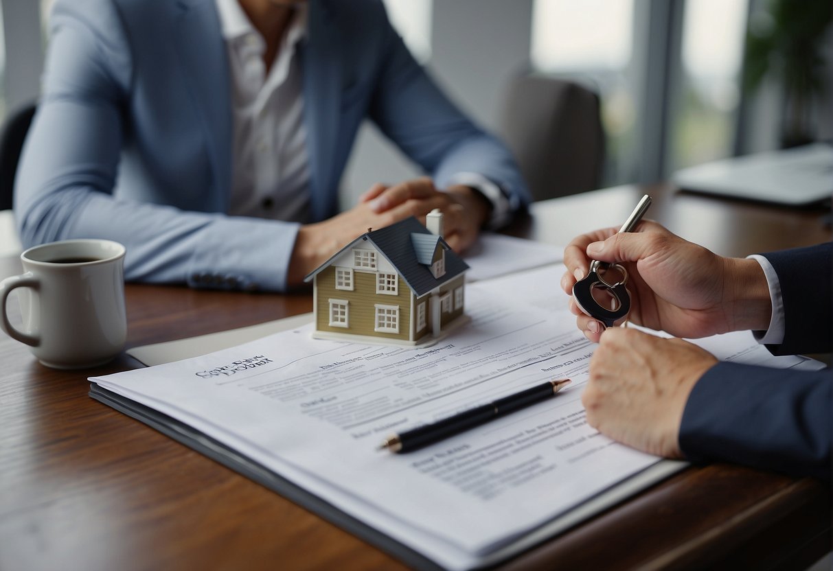 A real estate agent retains a signed contract, keys, and a house model on a desk, while a client looks over paperwork