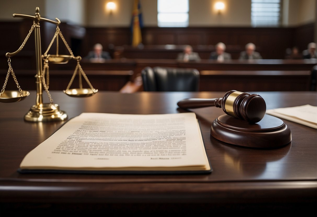A courtroom setting with judges and lawyers discussing real estate rescission laws. Documents and legal books are scattered on the table
