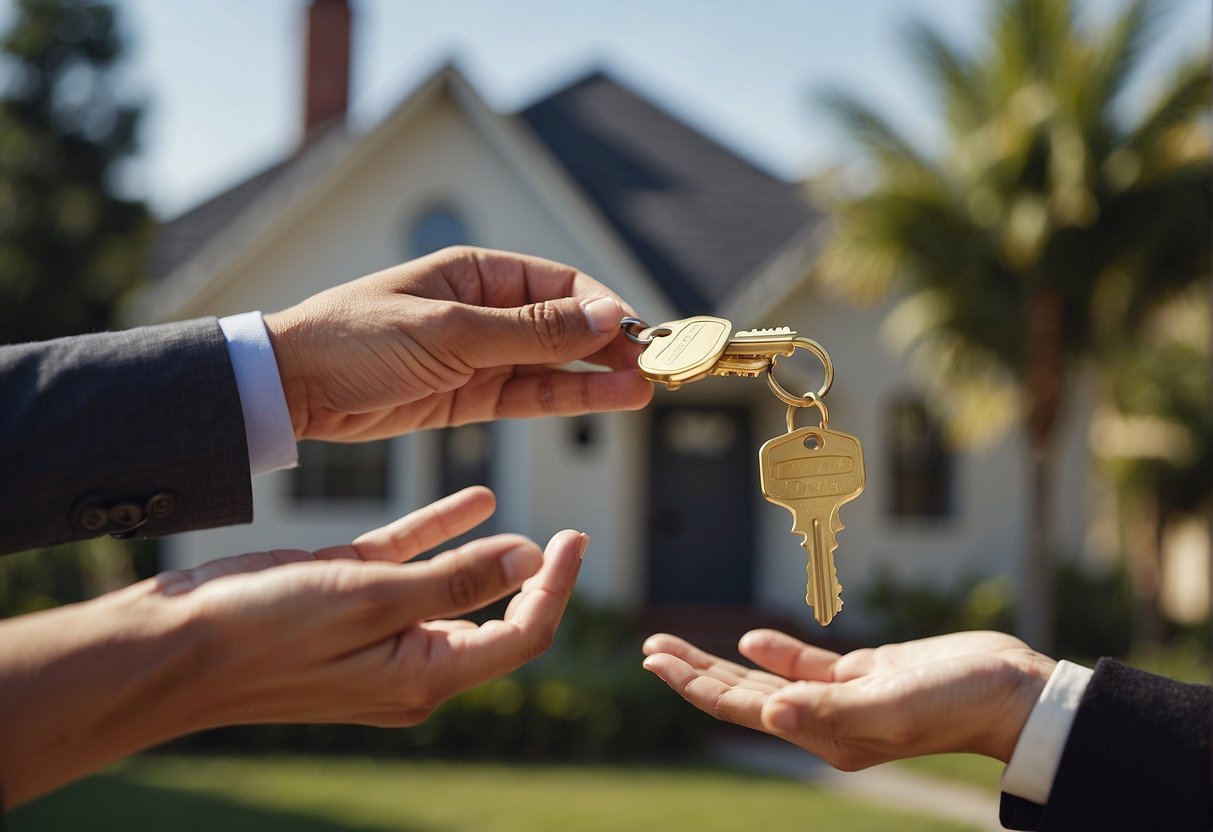 A house key being handed over from a seller to a buyer, with a real estate agent overseeing the transaction