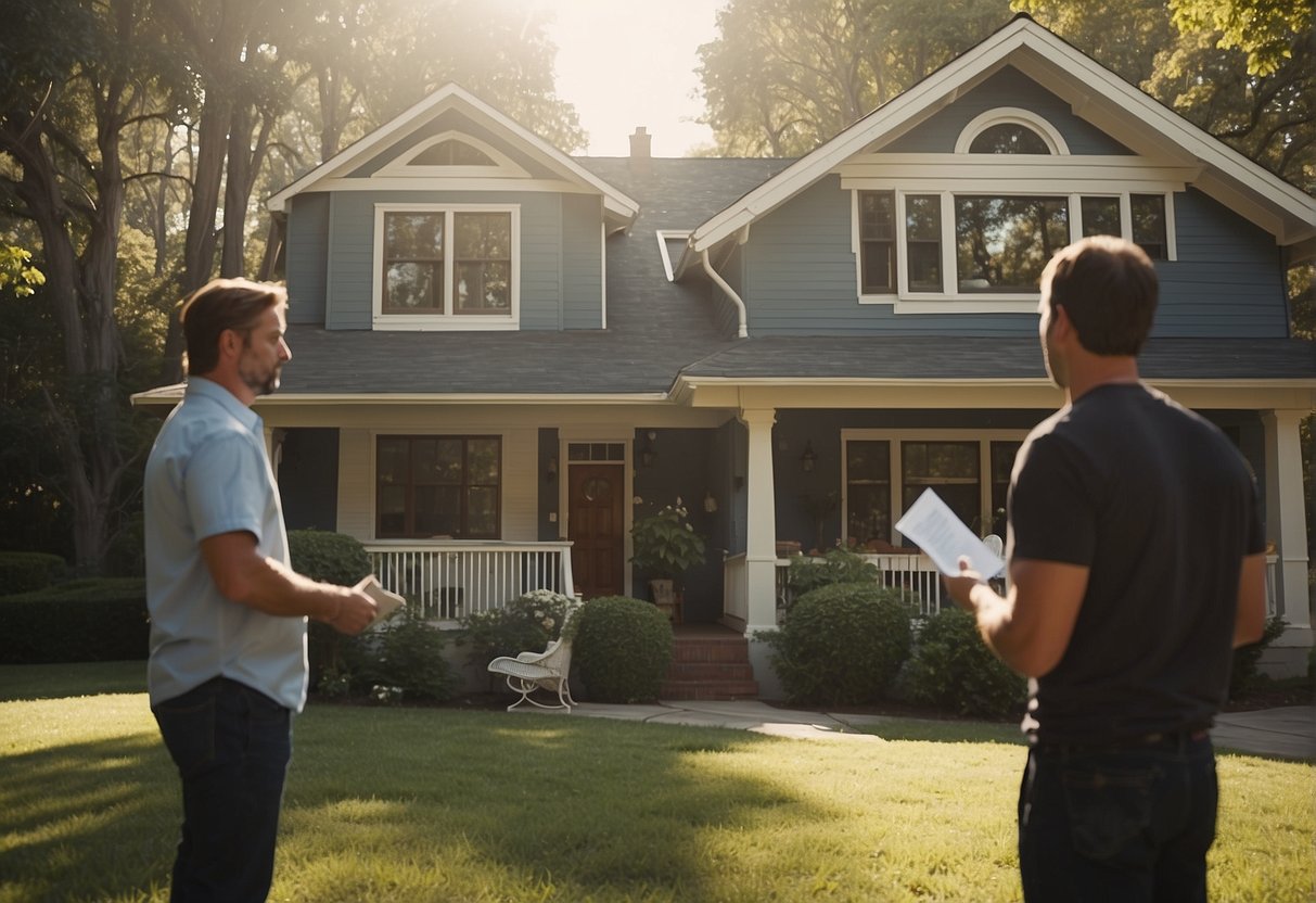 A house with a "REO" sign in the front yard, a real estate agent showing the property, and a buyer examining the interior